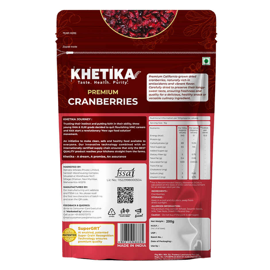 Khetika Dried Cranberry | High Nutrient & Antioxidant | No Added Preservatives