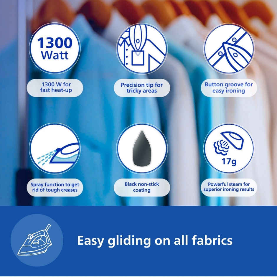 Philips GC1905/21 Steam Iron , 1300 W Quick heat-up, non-stick soleplate, Powerful 17gm/min steam output - Blue