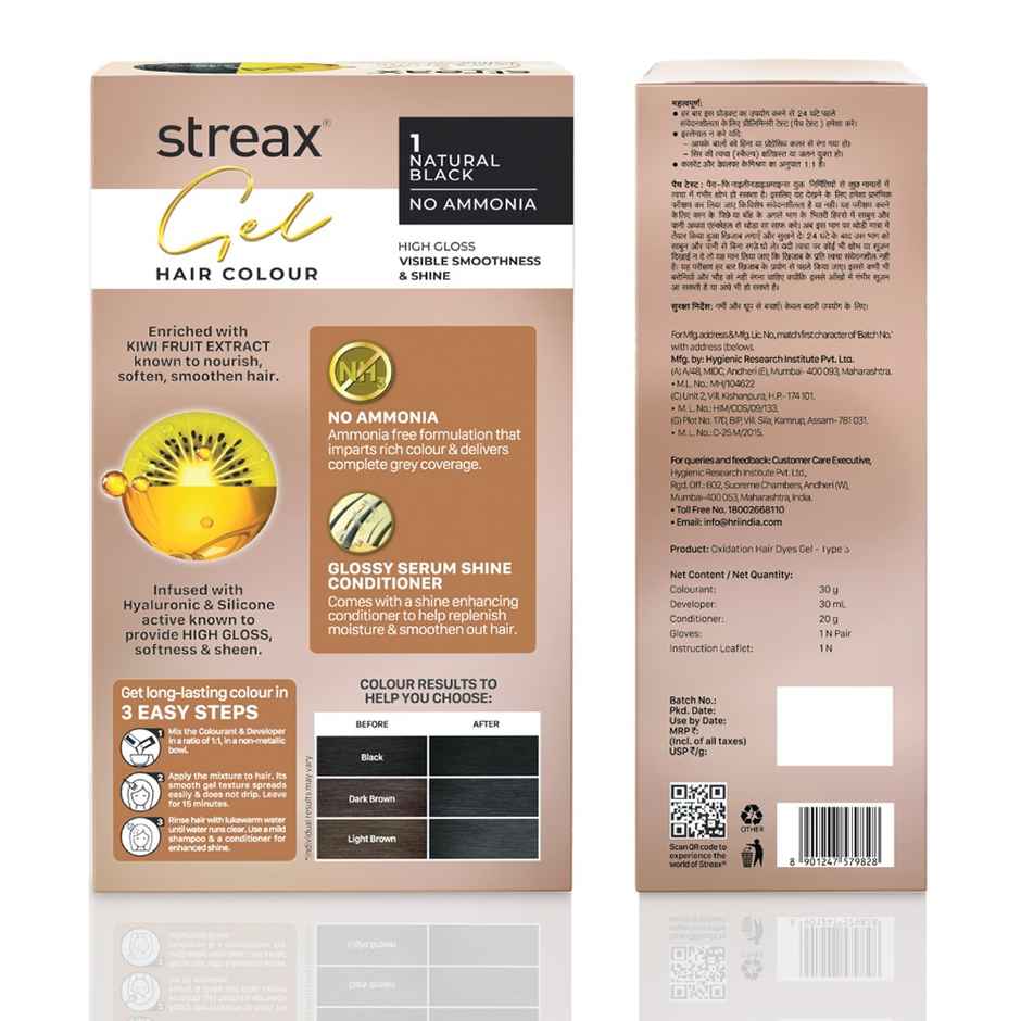 Streax Gel Hair Colour For Women, Natural Black 1 |100% Grey Coverage