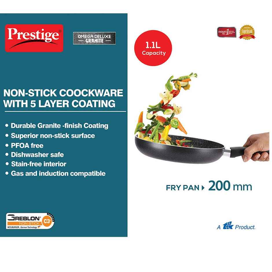 Prestige 20cm | 1.1L Omega Deluxe Granite Non-Stick Fry Pan | Gas & Induction Compatible - Black