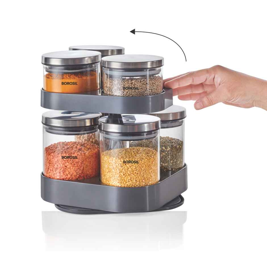 Borosil Spin N Store Classic Jar, 360 Rotating Tray Borosilicate Glass - 300 ml x 3 + 600 ml x 4