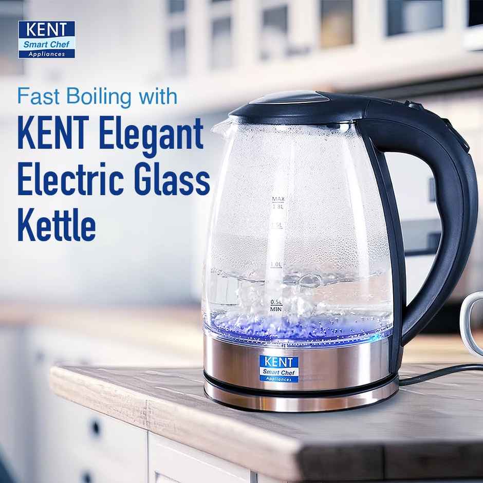 Kent Elegant Electric Glass Kettle 16052 1.8L Stainless Steel Heating Plate Borosilicate Glass Body