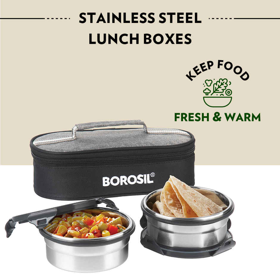 Borosil Feast Stainless Steel Lunchbox with Carry Bag Horizontal Tiffin