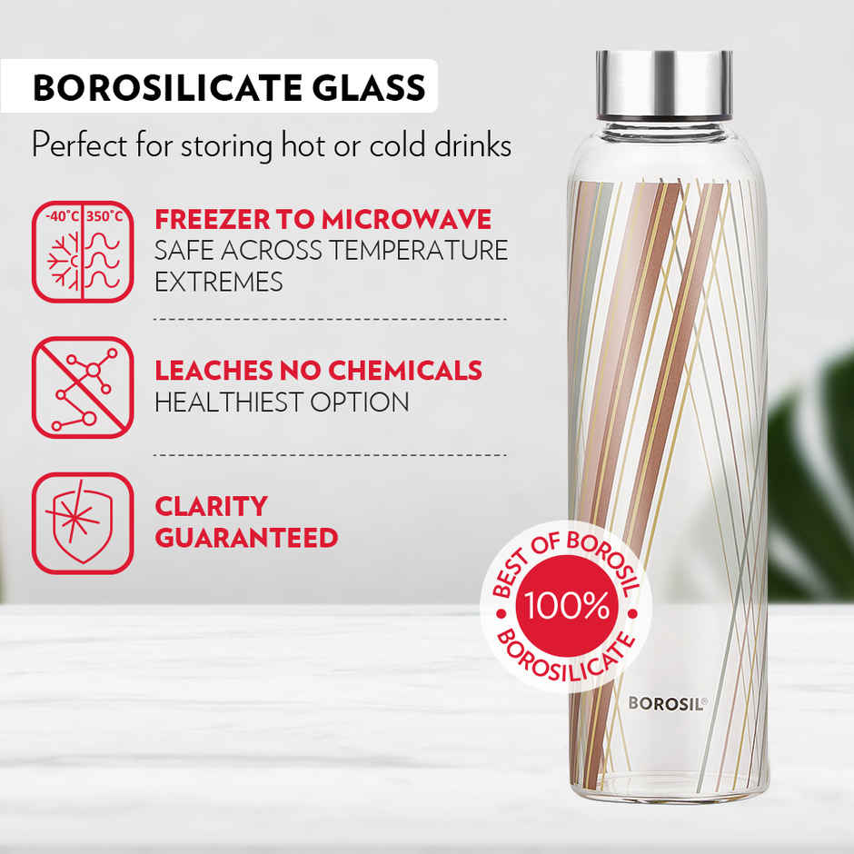 Borosil Prism Narrow Mouth Bottle with Metal Lid Borosilicate Glass Dishwasher Safe