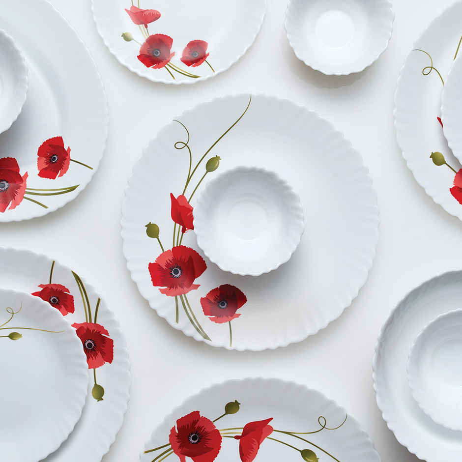 Larah By Borosil Red Carnation 12Pc Dinner Set Opalware Crockery For Dining & Gifting - White