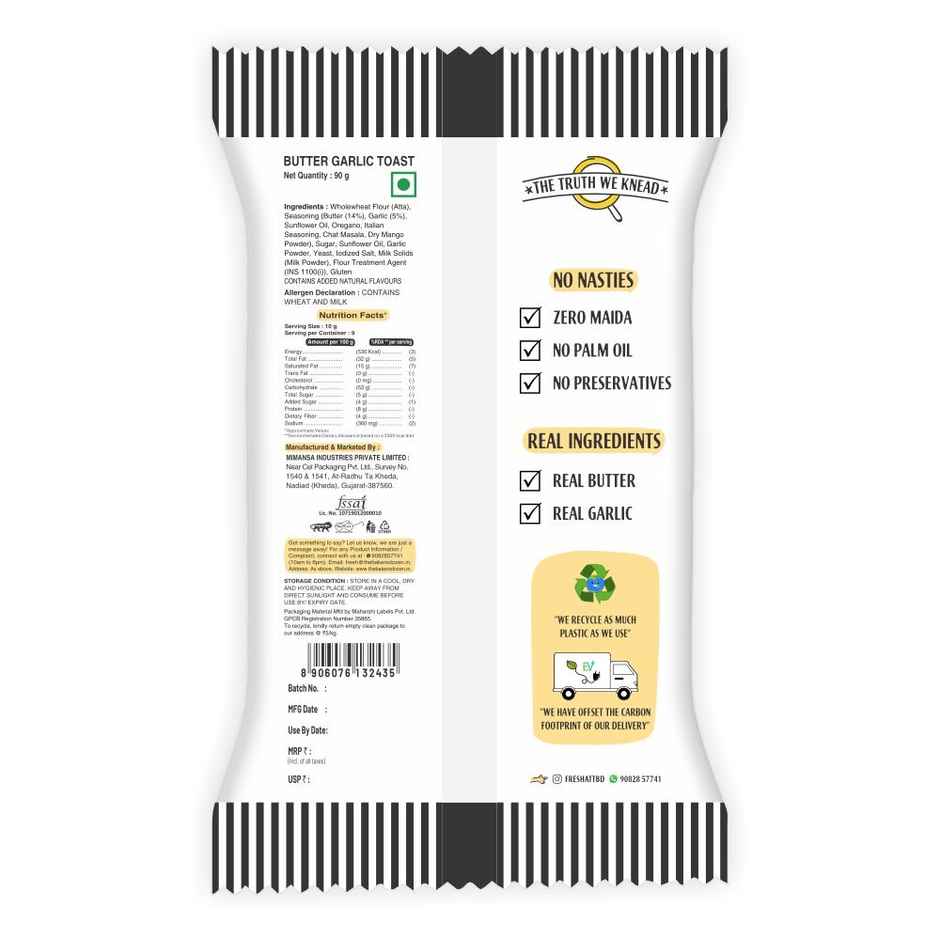 The Baker's Dozen Zero Maida Butter Garlic Toast Baked Snack No Palm Oil No preservatives 100% Wholewheat