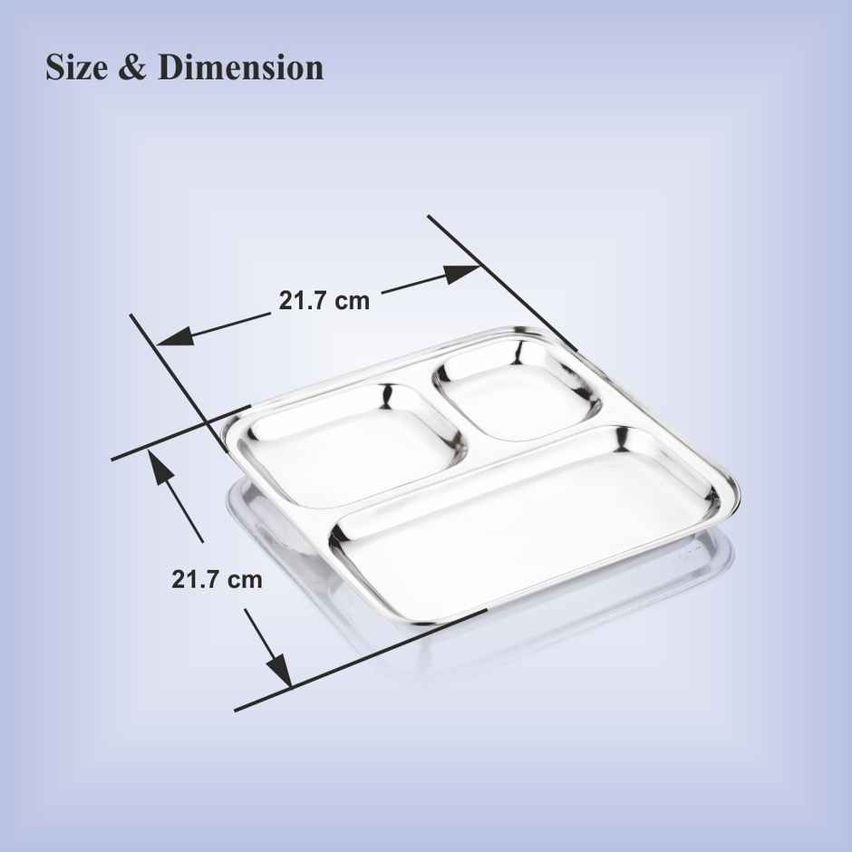 Steelera Stainless Steel Square 3 Compartment / Pav Bhaji / Kids / Plate | Food Safe | 21 x 21 cm