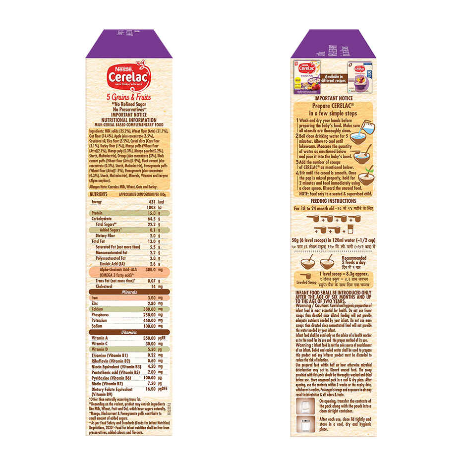 Nestle Cerelac 5 Grains & Fruits Baby Food Cereal, No Refined Sugar & No Preservatives, 18 to 24 Months Baby
