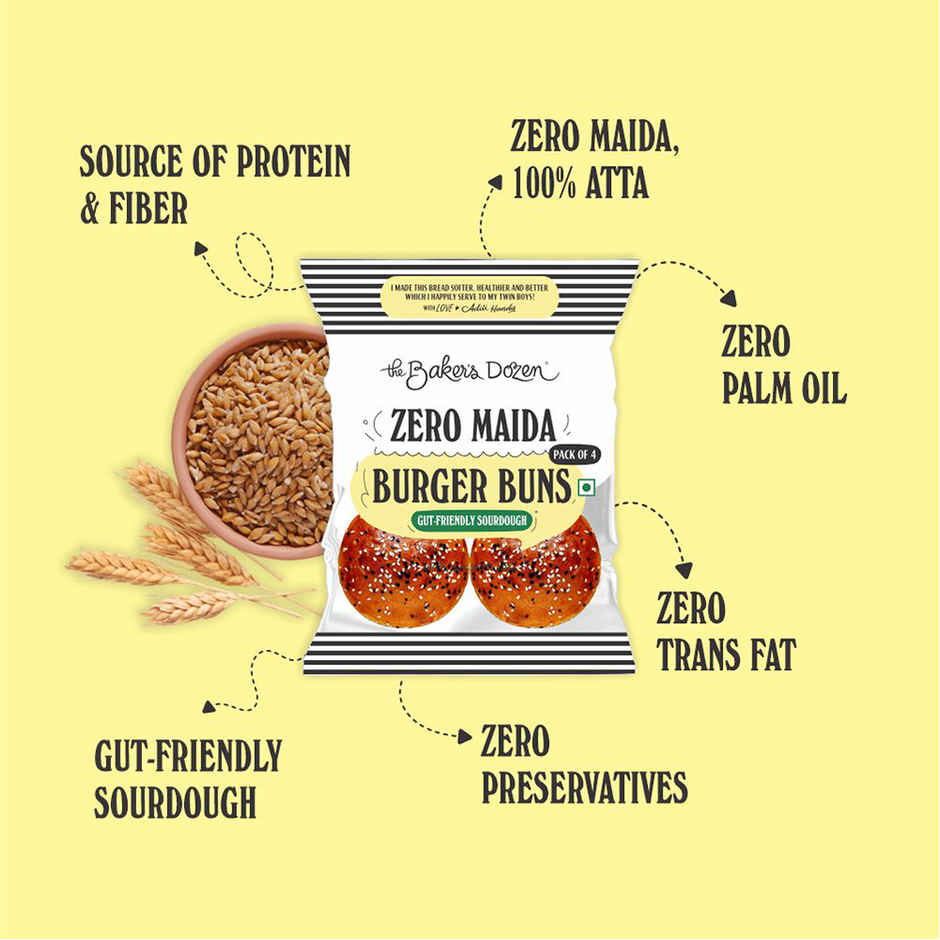 The Baker's Dozen Zero Maida Burger Buns | Whole wheat | Atta Bun | Gut Friendly Sourdough bread