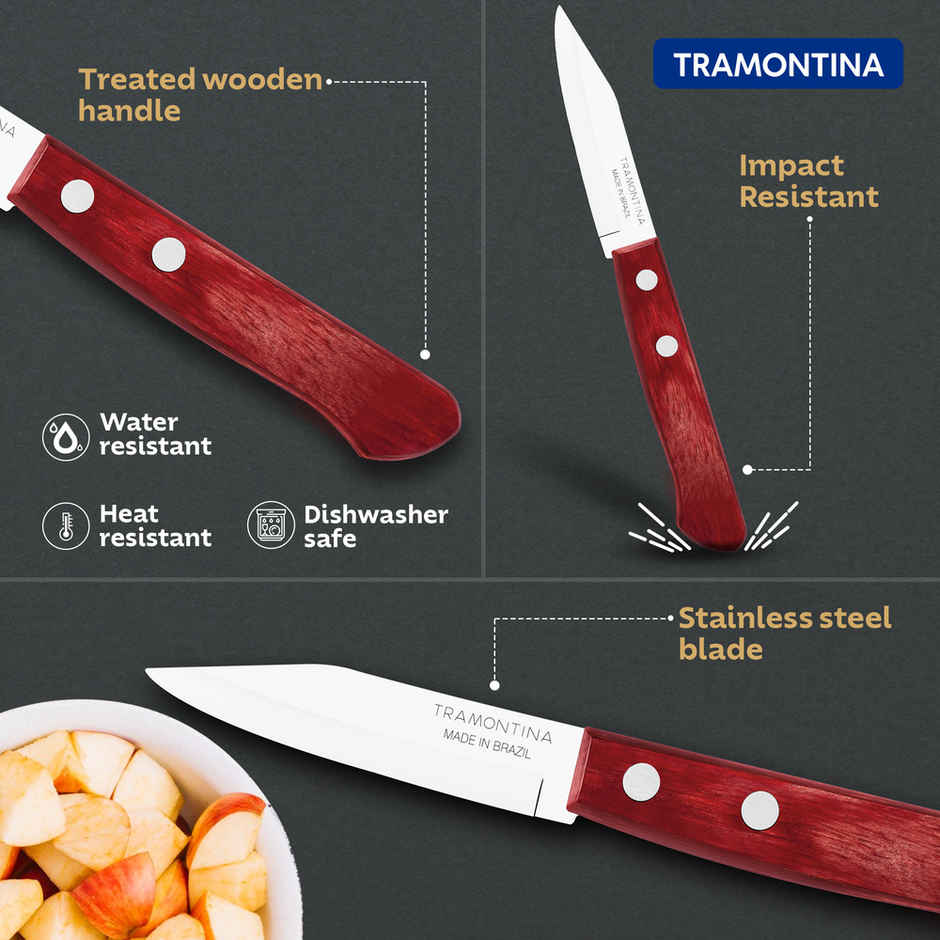 Tramontina Polywood Stainless Steel Vegetable & Fruit Knife/,7.6cm/3 inch | Straight/Plain Edge | Treated Brazilian Polywood Handle |Impact Resistant |Heat Resistant |Dishwasher Safe |5 Yr Warranty