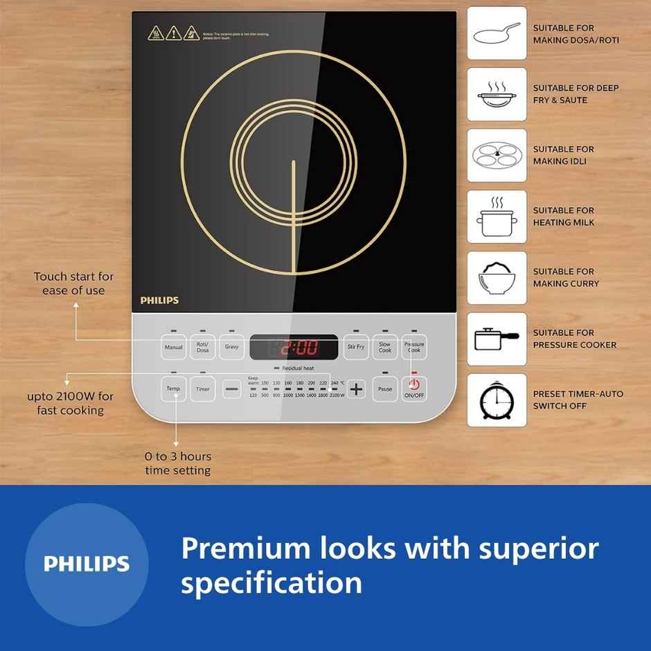 Philips Viva Collection HD4928/01 2100-Watt Induction Cooktop, Soft Touch Button with Crystal Glass - Black
