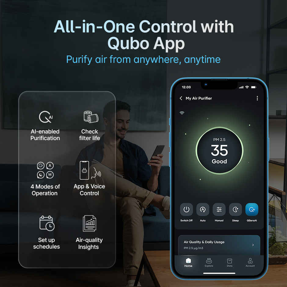 Qubo Q400 Smart Air Purifier with HEPA 13 Filter |White, 35W