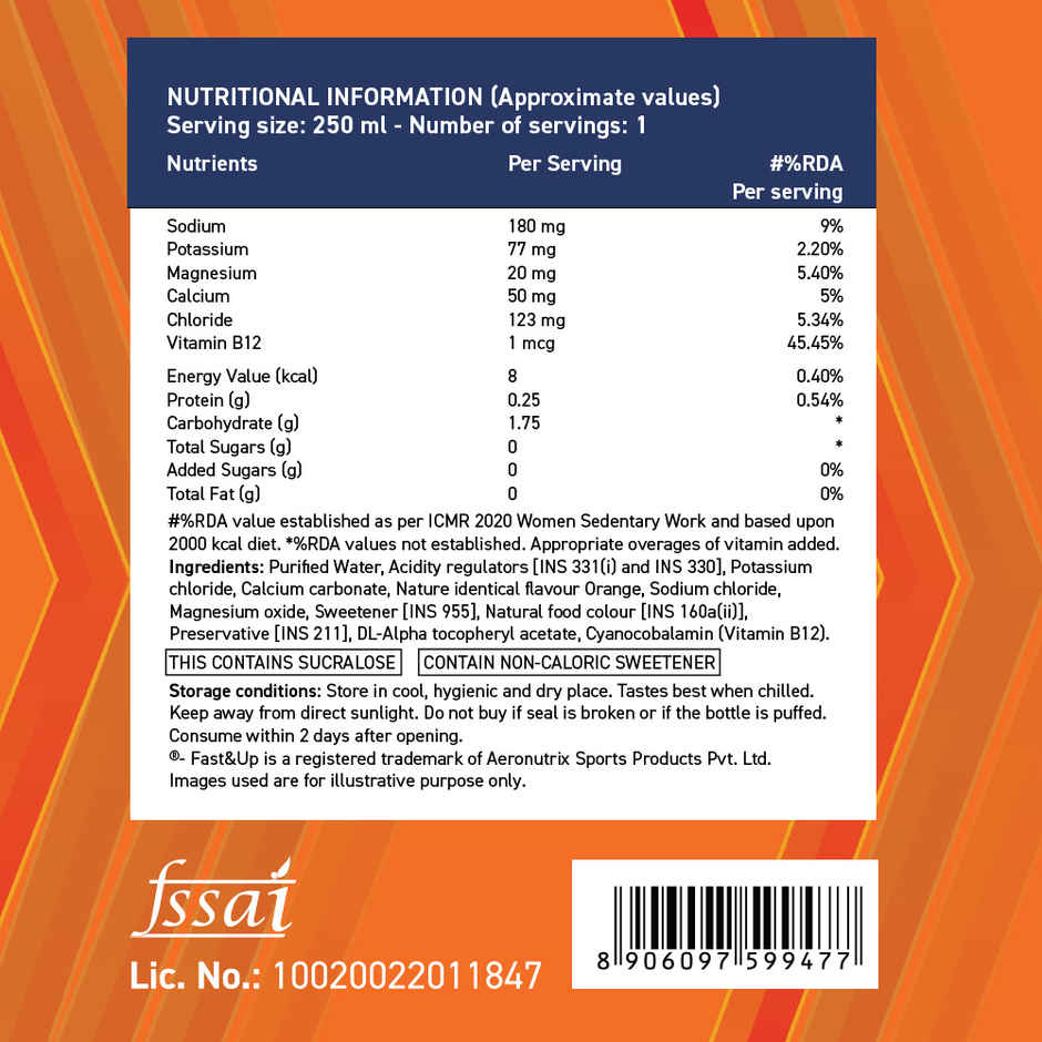 Fast&Up Reload Orange Zero Sugar Energy Drink | Instant Electrolytes | Healthy & Refreshing Drink