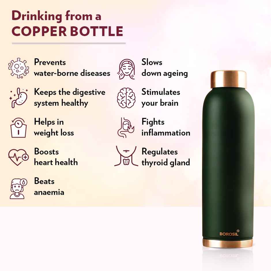 Borosil 1 L Colour Copper Bottle, Green, 100% Pure Copper, Bpa Free & Leakproof