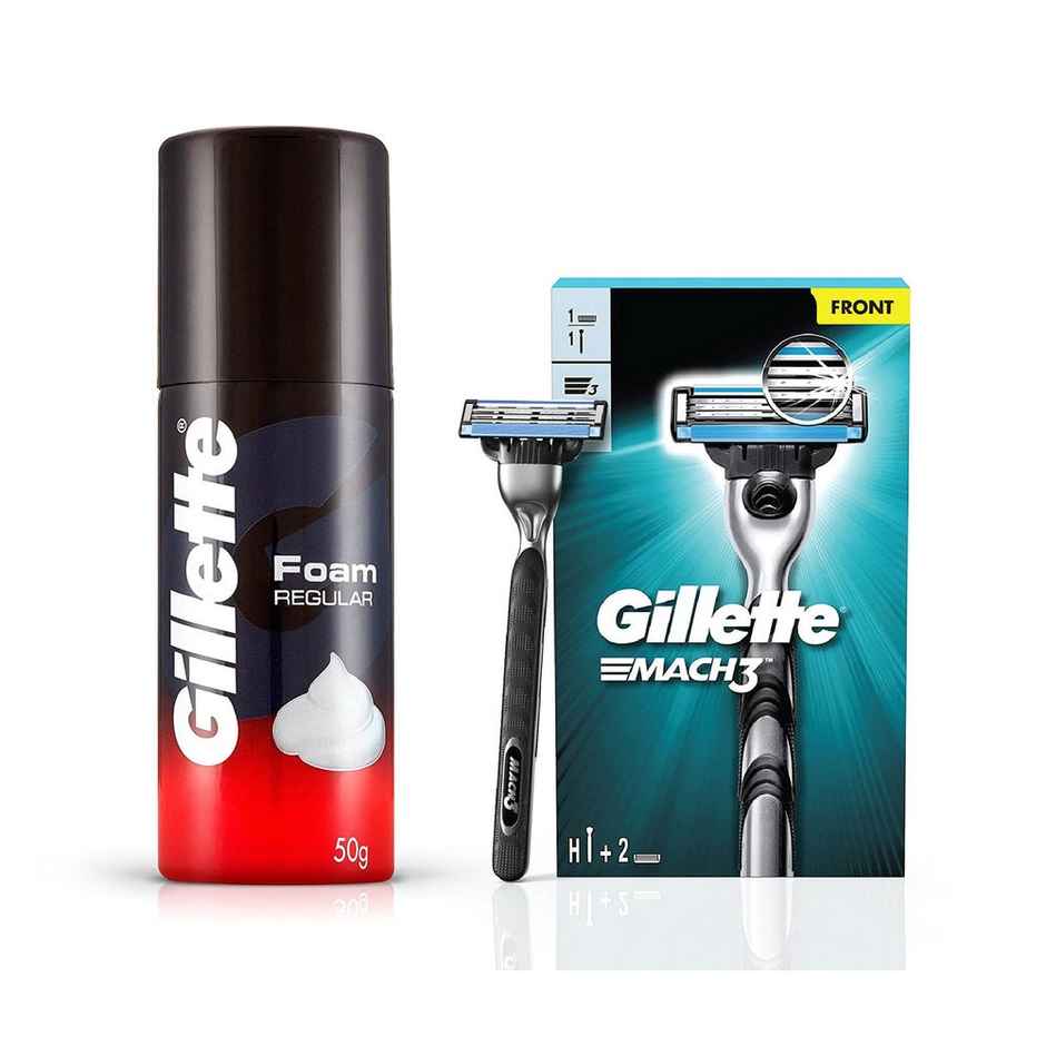 Gillette Mach 3 Razor for men (1 Handle+ 2 shaving blades) + Regular pre shave foam(50gm) combo.