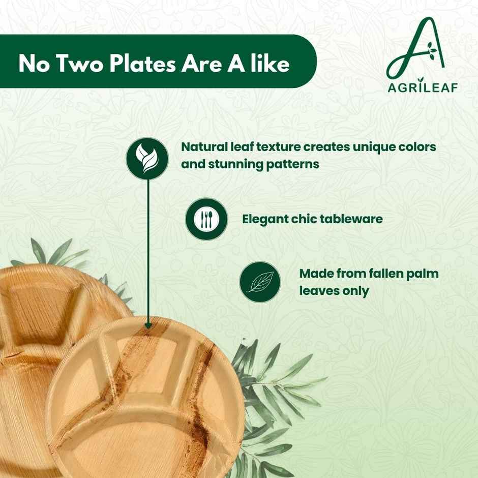 AGRILEAF 12 Inch Round 4-Compartment Areca Palm Leaf Disposable 5 Plates with 5 Spoons