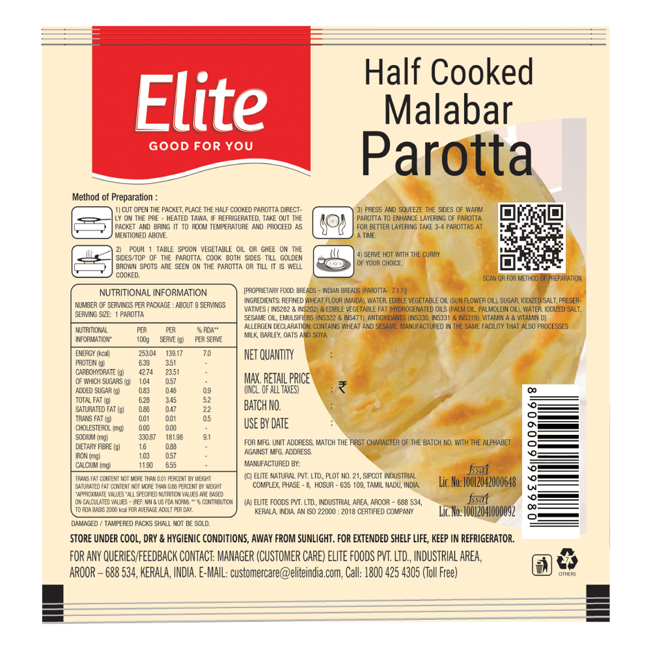 Elite Half Cooked Malabar Parotta 9 in1