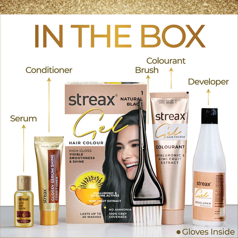 Streax Gel Hair Colour For Women, Natural Black 1 , |No Ammonia Hair Color|100% Grey Coverage