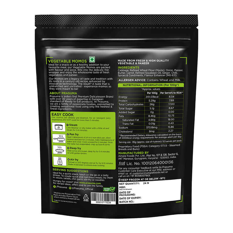 Prasuma Veg & Paneer Momos, 10 pcs | No Preservatives, MSG or Palm Oil | Only Fresh Paneer & Veggies