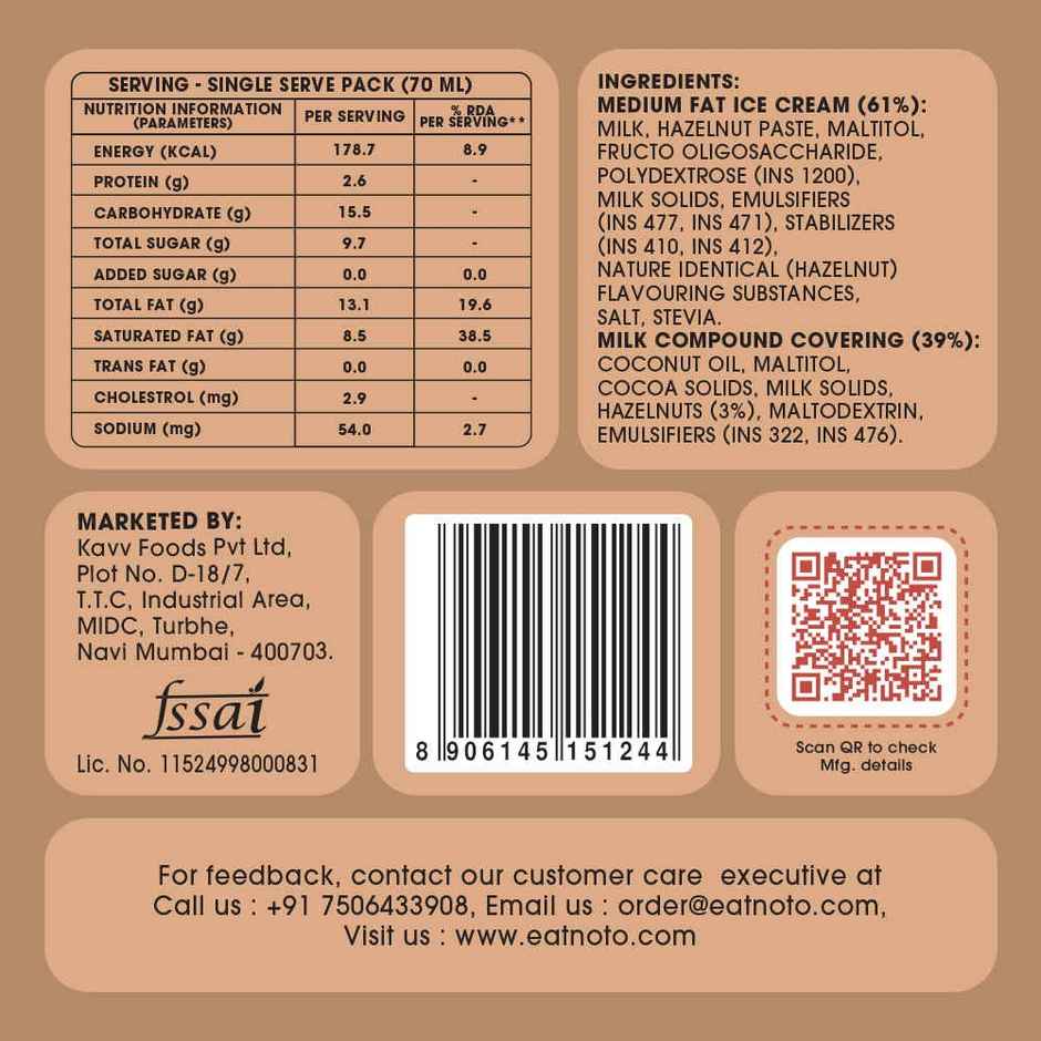 NOTO Chocolate Hazelnut Sugar Free, Guilt Free Bar