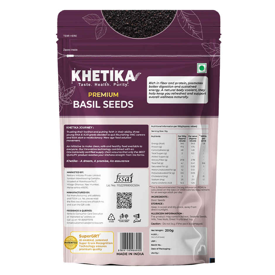 Khetika Basil Seeds | Sabja Seeds | High Fibre | Cooling Superfood |