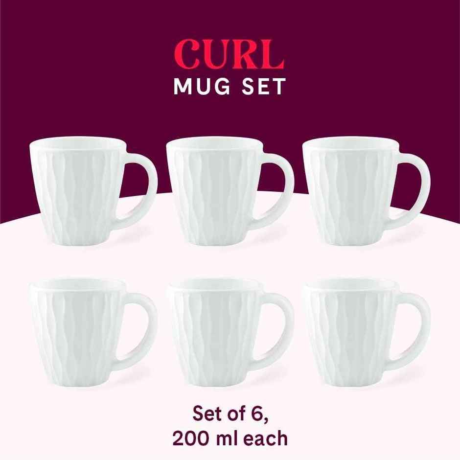 Larah By Borosil Curl Opalware Cup, Set Of 6 Tea/Coffee Cups, 200 ml Each, Crockery Set, White