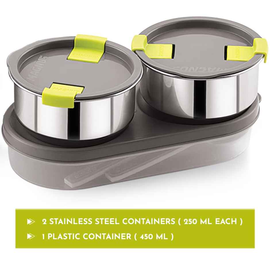 Magnus Olive 3 Lunch Box Set Leak-Proof Steel Containers for School with Insulated Bag (950 ml)