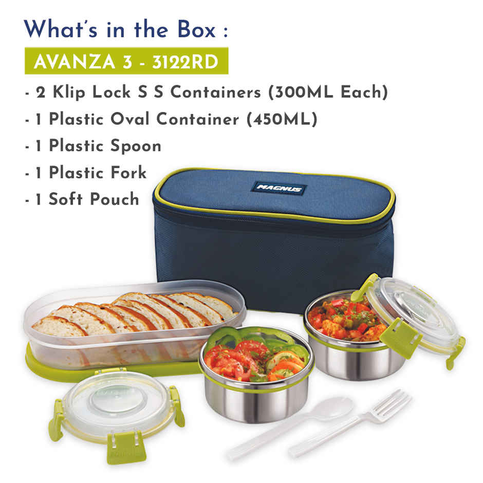 Magnus Avanza 3 Steel Leakproof Lunch Box for School with Klip Lock Lid & Insulated Tiffin Bag