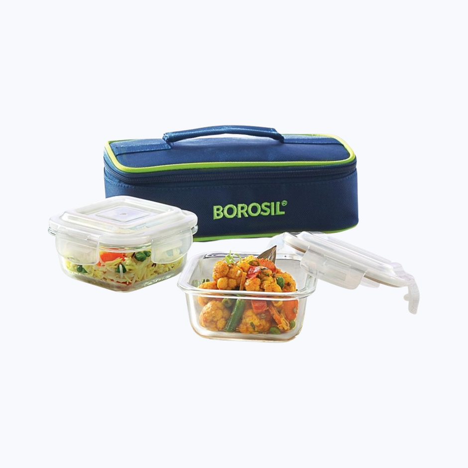Borosil Square Lunch Box With Bag (320 ml + 320 ml) | Borosilicate Glass