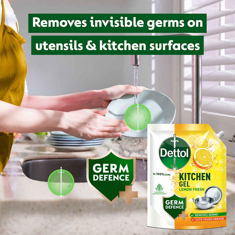 Dettol Antiseptic Liquid For First Aid | Surface Disinfection And Personal Hygiene (750ml) & Dettol Lemon Fresh Kitchen Dish And Slab Gel Refill (1.5L) Combo