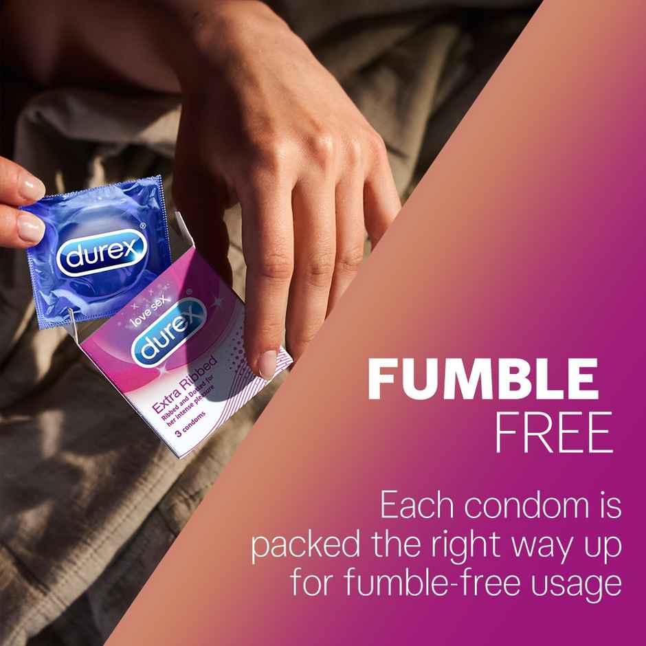 Durex Extra Ribbed Condom - Dotted & Ribbed Condoms (10pc) & Durex Lube - Real Feel - Long Lasting Lubricant (50ml) Combo