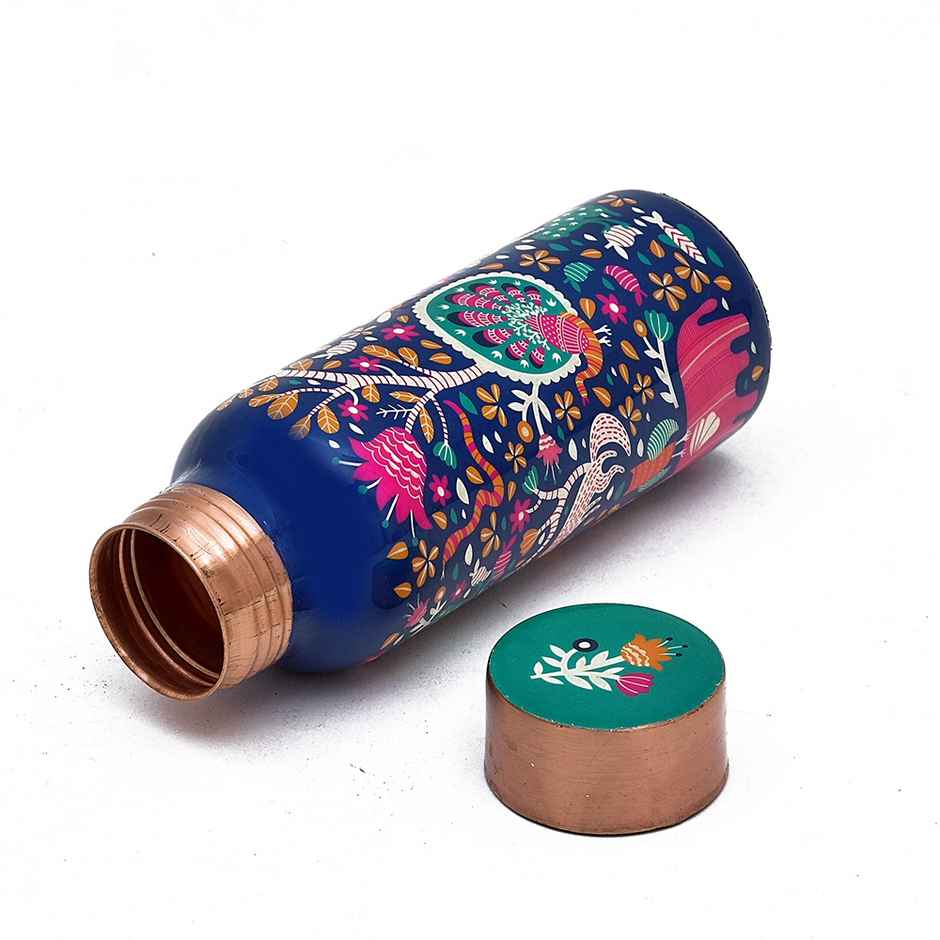 OGGN Blue Meena Printed Copper Water Bottle For Daily & Office Use 500 ml, Pure Copper