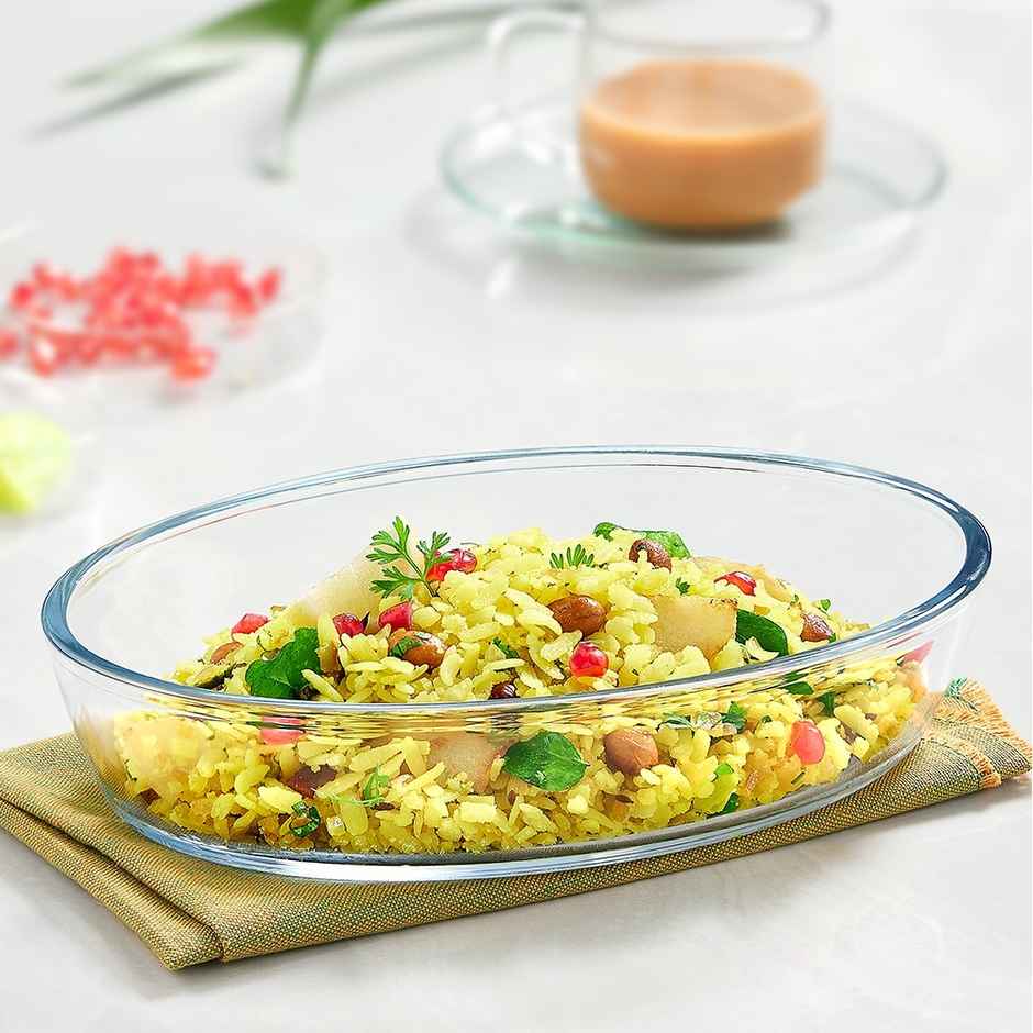 Borosil Oval Baking Dish | Borosilicate Glass Serving | Microwave & Dishwasher Safe | 700 ml