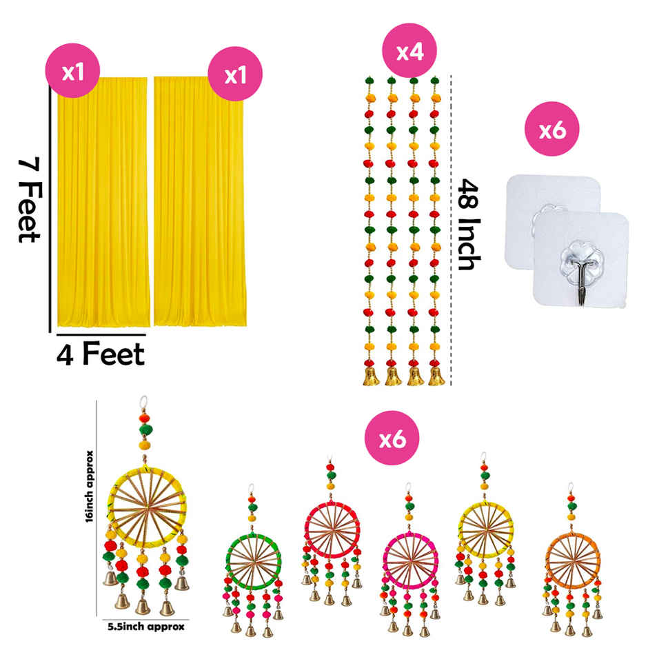 Yellow Backdrop Cloth with Pom Pom Hangings for Haldi Decoration | Party Propz