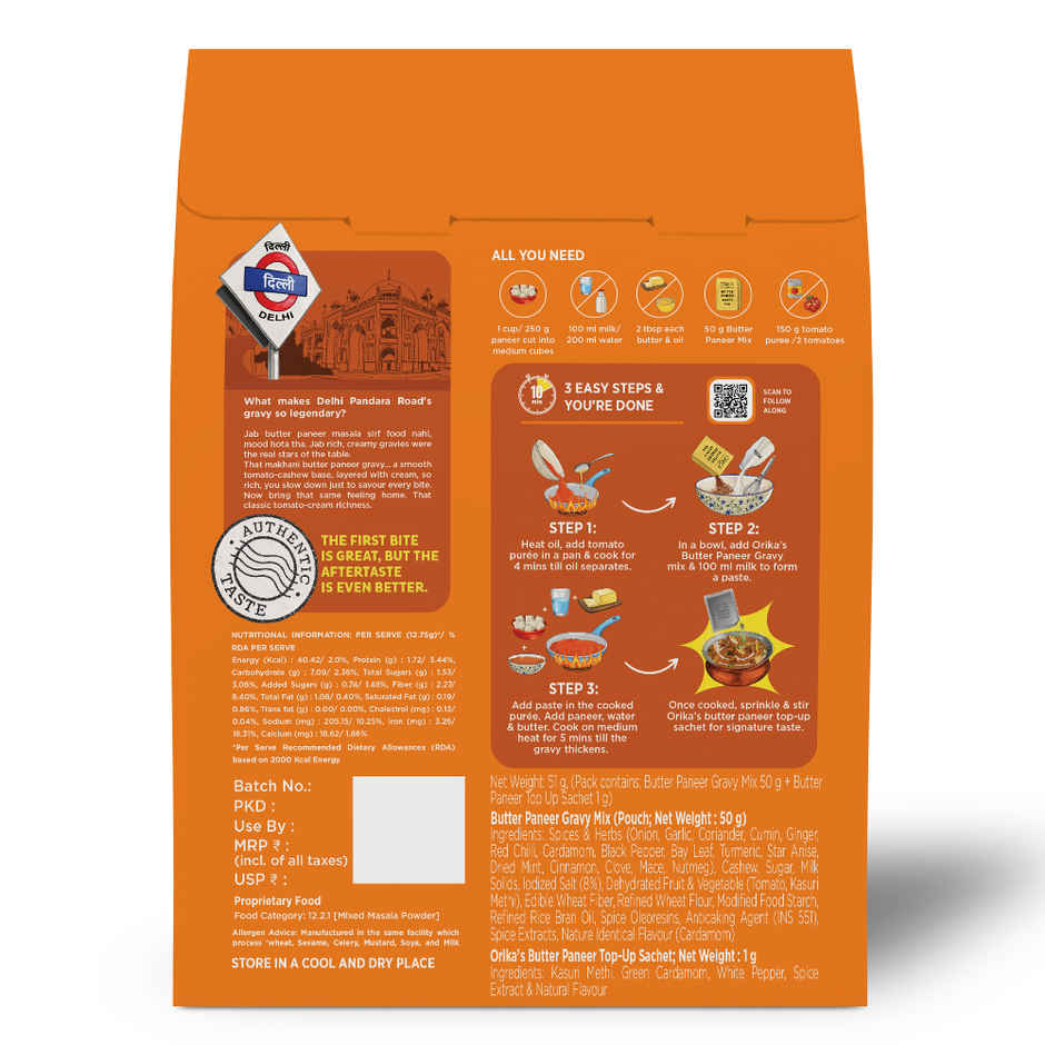Orika Dilli Wala Butter Paneer Makhani Gravy Mix | With Special Taste Maker Sachet
