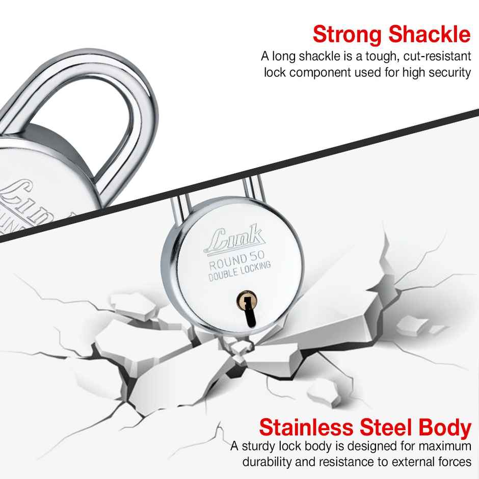 Link New Round Stainless steel 50 mm Padlock with 3 keys