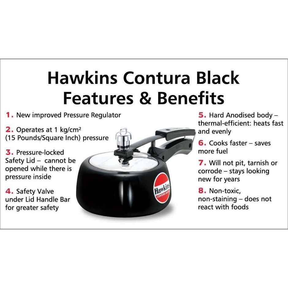 Hawkins 1.5 Litre Contura Black Pressure Cooker Hard Anodised Inner Lid Cooker Small Cooker - Black