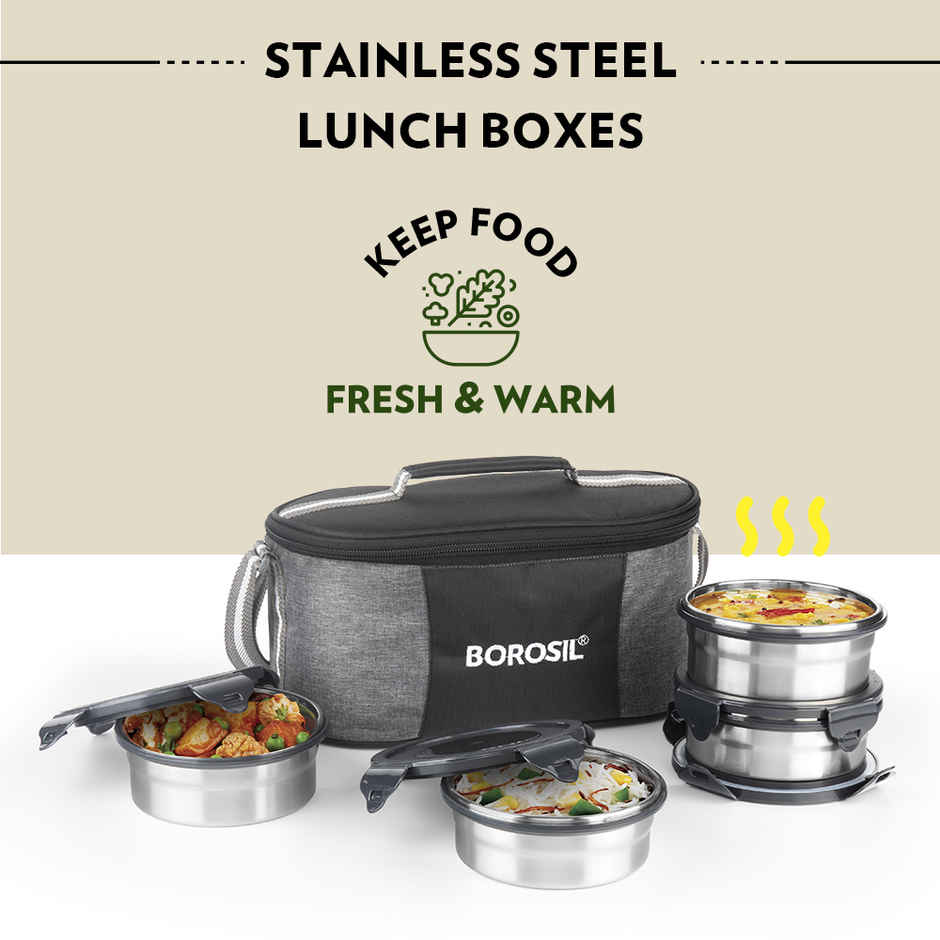 Borosil Feast Stainless Steel Lunchbox with Carry Bag Mixed Sizes Tiffin