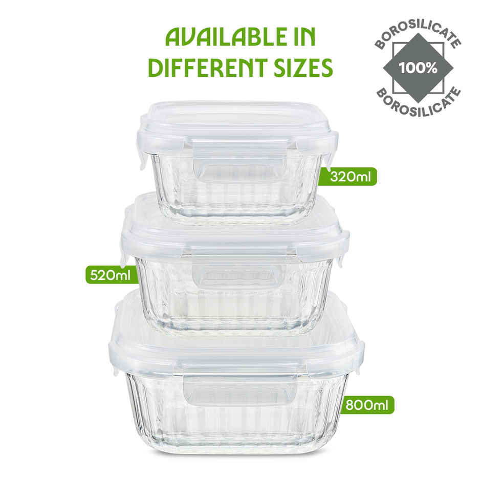 Borosil Fluted Klip N Store Square Food Storage Container Borosilicate Glass Microwave Safe