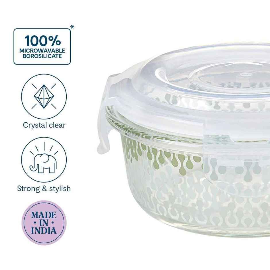 Larah Glassware Gracia Borosilicate Glass Lunchbox, 3pc Round Container | 400 ml | Microwave Safe