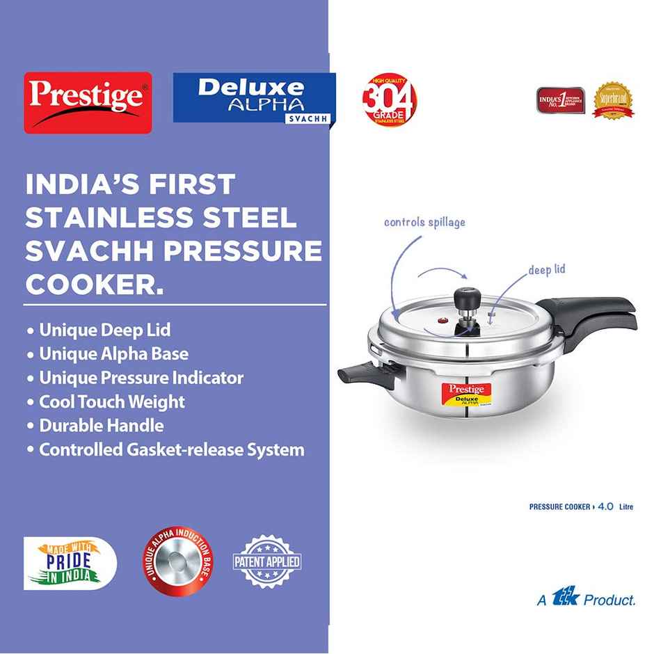Prestige Deluxe Alpha Svachh Stainless Steel Senior Pan Pressure Cooker Control Deep Lid 4 L Silver