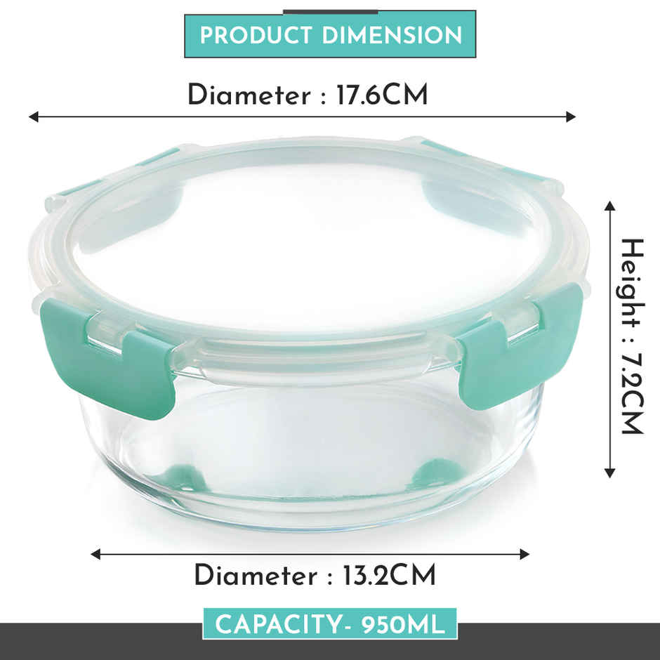 Magnus Glock Round 950 ml Borosilicate Glass Container with Airtight Lid & Detachable Lock | Green