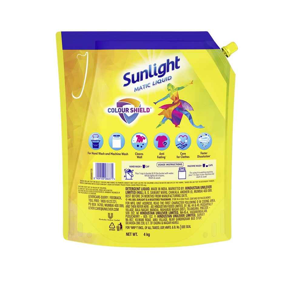 Sunlight Matic Liquid Detergent with Colour Shield | 4KG Super Saver Laundry Detergent