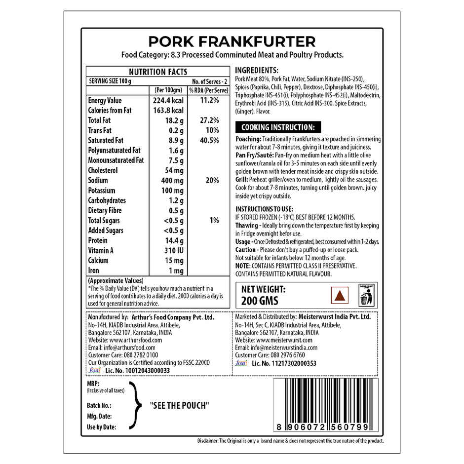 Meisterwurst Pork Frankfurter Sausage