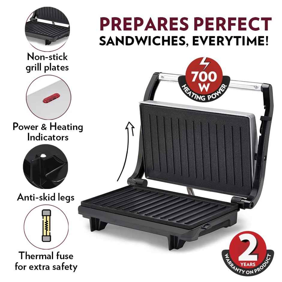 Borosil 700W Prime Grill Sandwich Maker,Make 2 Sandwich,Nonstick Coating Grill Plates Opens to 90