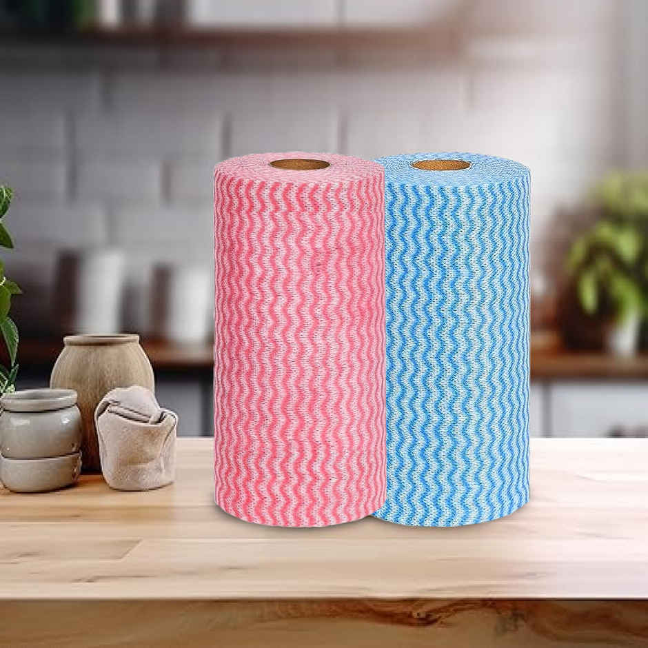 EZEE Non Woven Reusable Kitchen Towel Roll | 80 Pulls Per Roll | Pack of 2 | Assorted