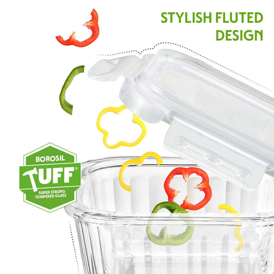 Borosil Fluted Klip N Store Square Food Storage Container Borosilicate Glass Microwave Safe