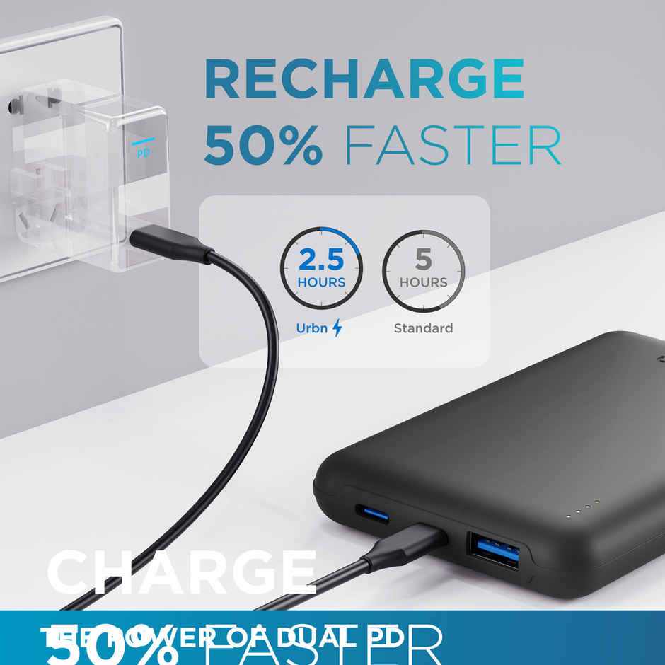 URBN 10000 mAh Premium Edition Nano Wired Power Bank | Two-Way 22.5W Super Fast Charging | Pocket Size| Dual Type C Power Delivery (PD) Output + 1 USB Output for Quick Charge, USB Type-C Input - Black