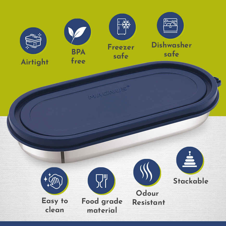 Magnus Easy Lock Oval Prime Container, Stainless Steel, Airtight & Leakproof Lid & Container