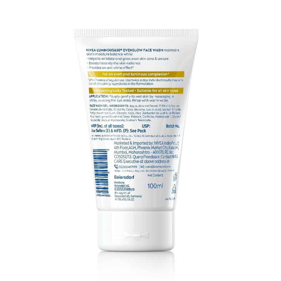 NIVEA Luminous Even Glow Face wash | Oil free formula, AHA, Aloe vera, Guarana Extract | Deep clean